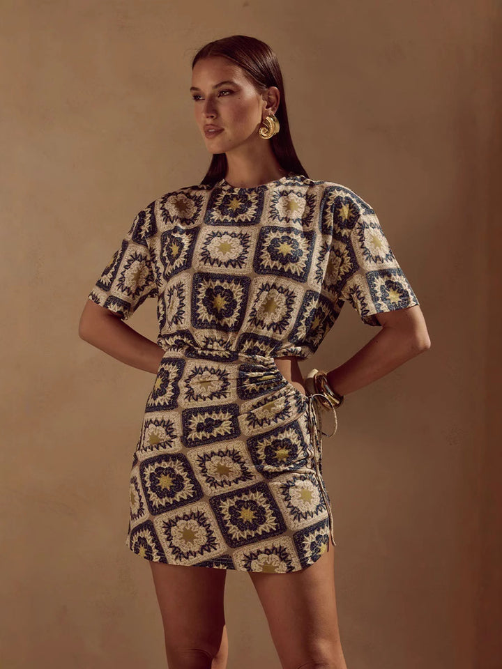 Beige Abstract Printed Waist Cut-Out Dress