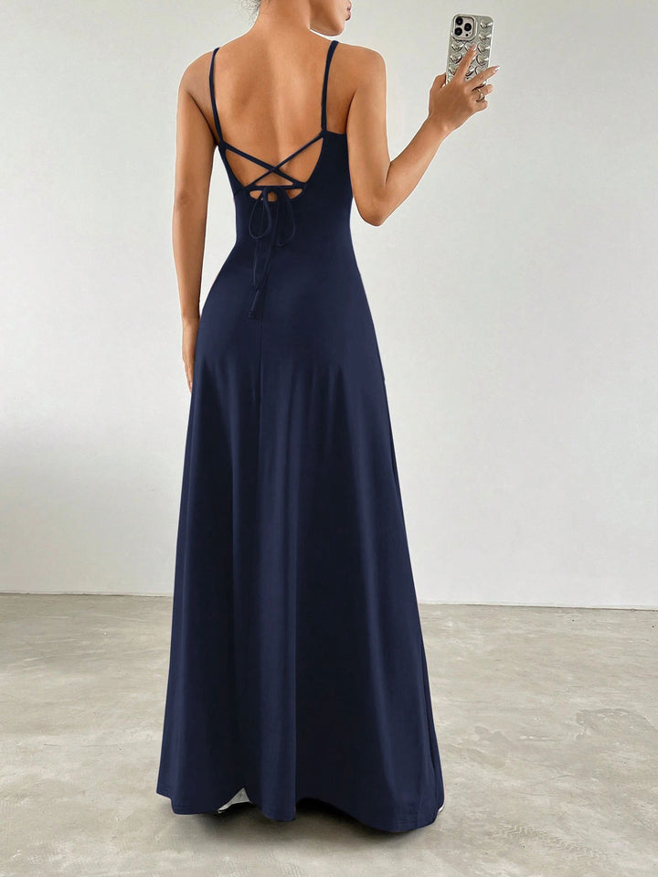 Navy Blue Shoulder Strap Flared Dress