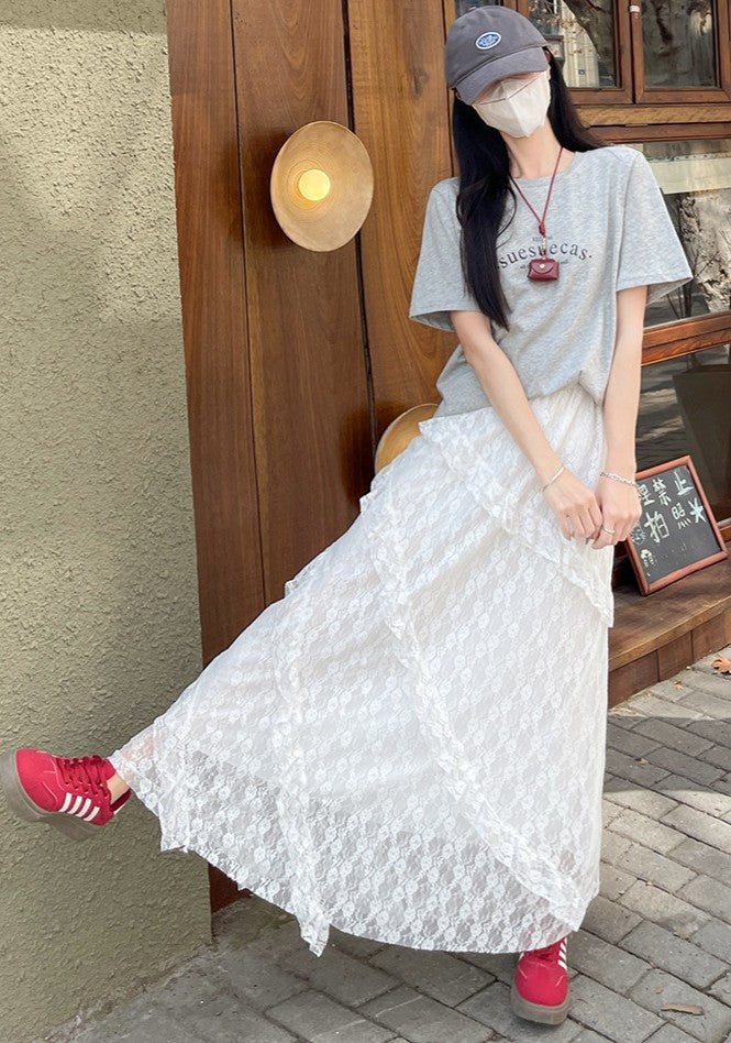 White Mesh Ruffled Skirt