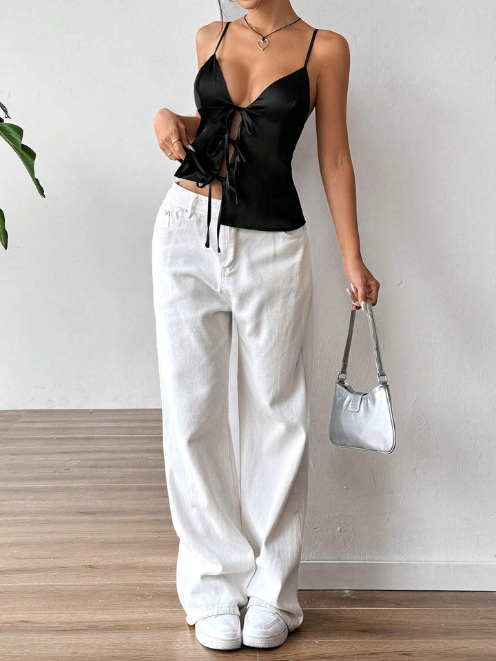 Black Strappy Front Tie Up Cami Top