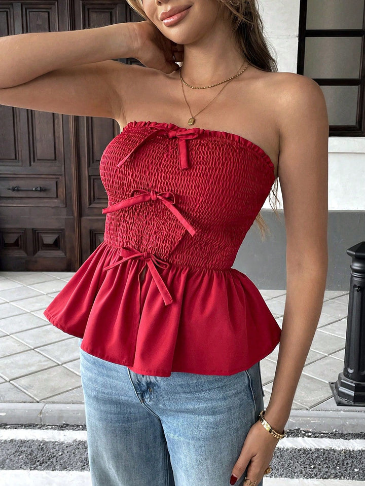 Red Strapless Smocked Top