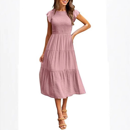 Pink Solid Flutter Sleeved And Tiered Dress