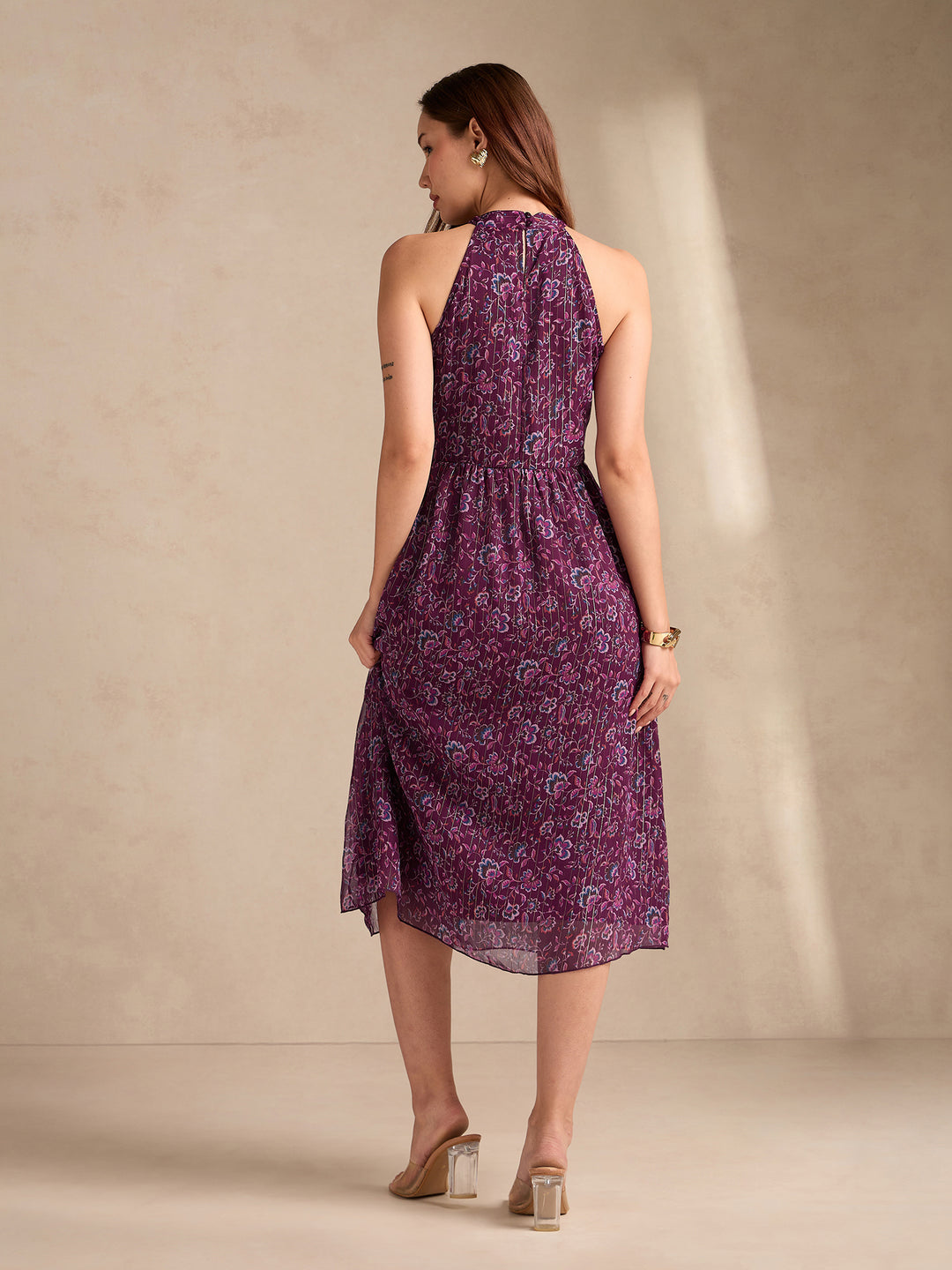 Purple High Neck Flared Dress With Delicate Floral Print