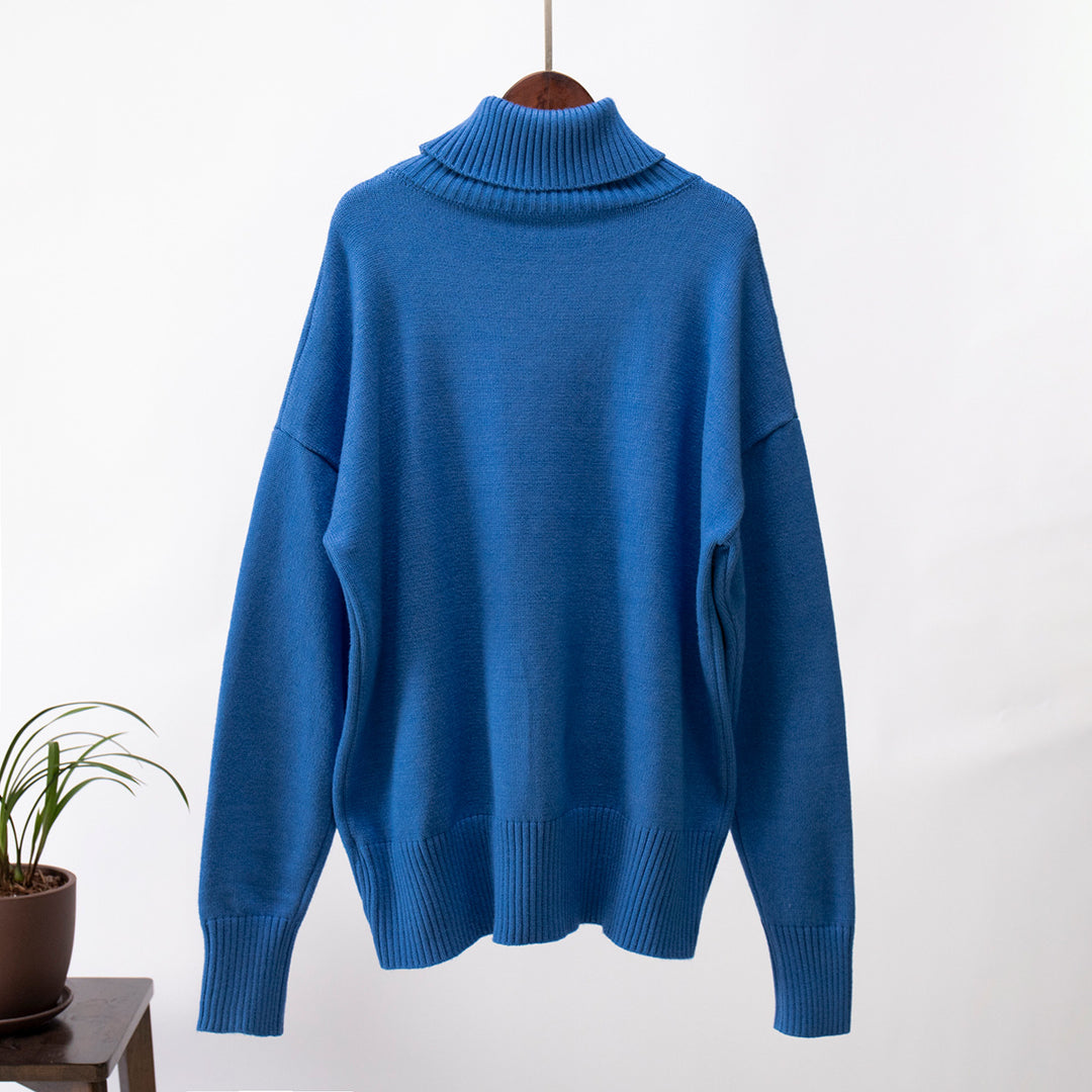 Blue Turtle Neck Oversized Solid Sweater