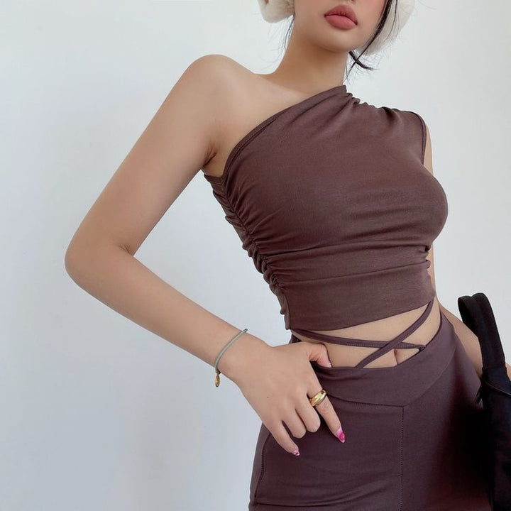 Brown One Shoulder Ruched Tank