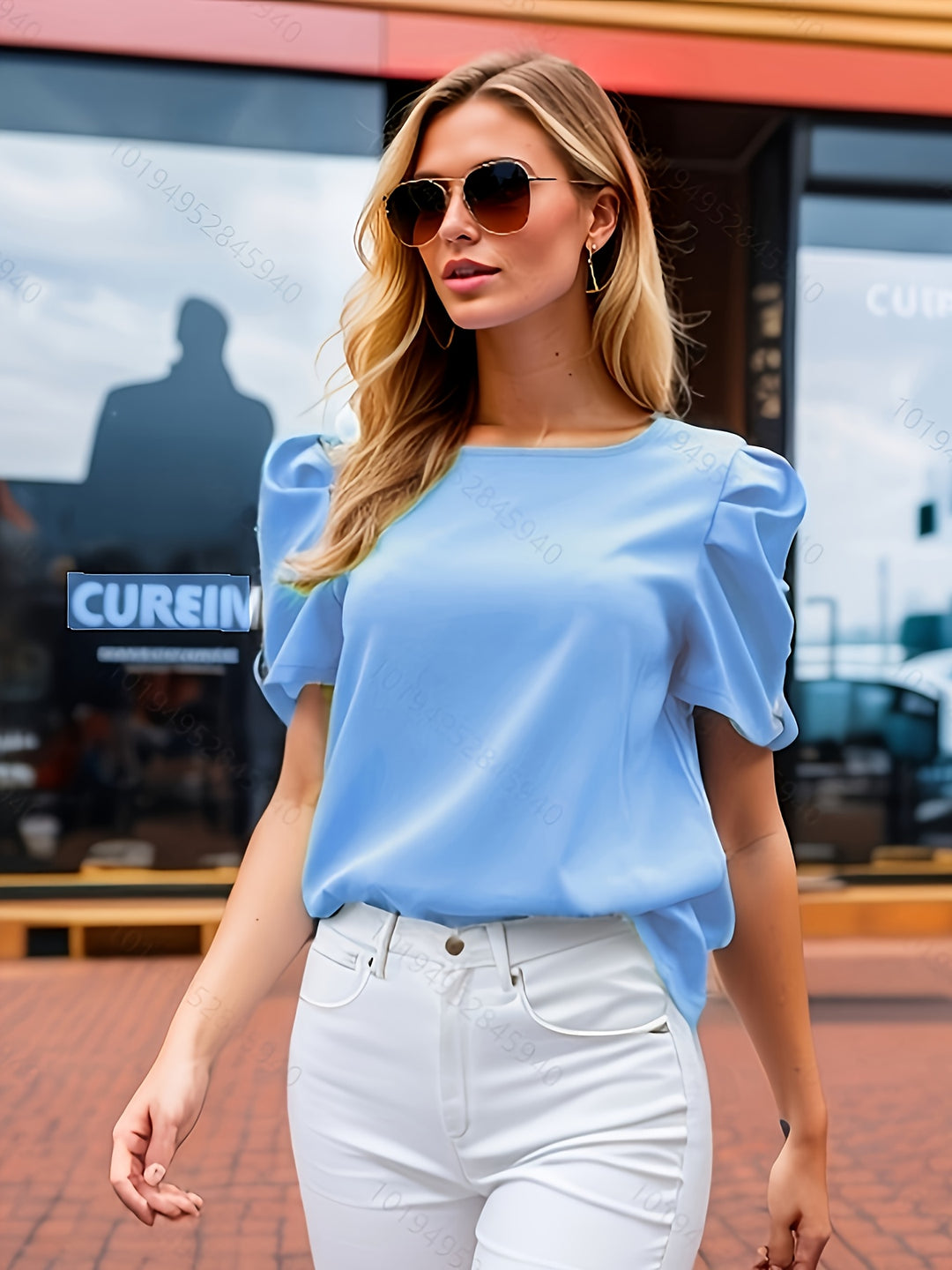 Blue Half Puff Sleeves Top