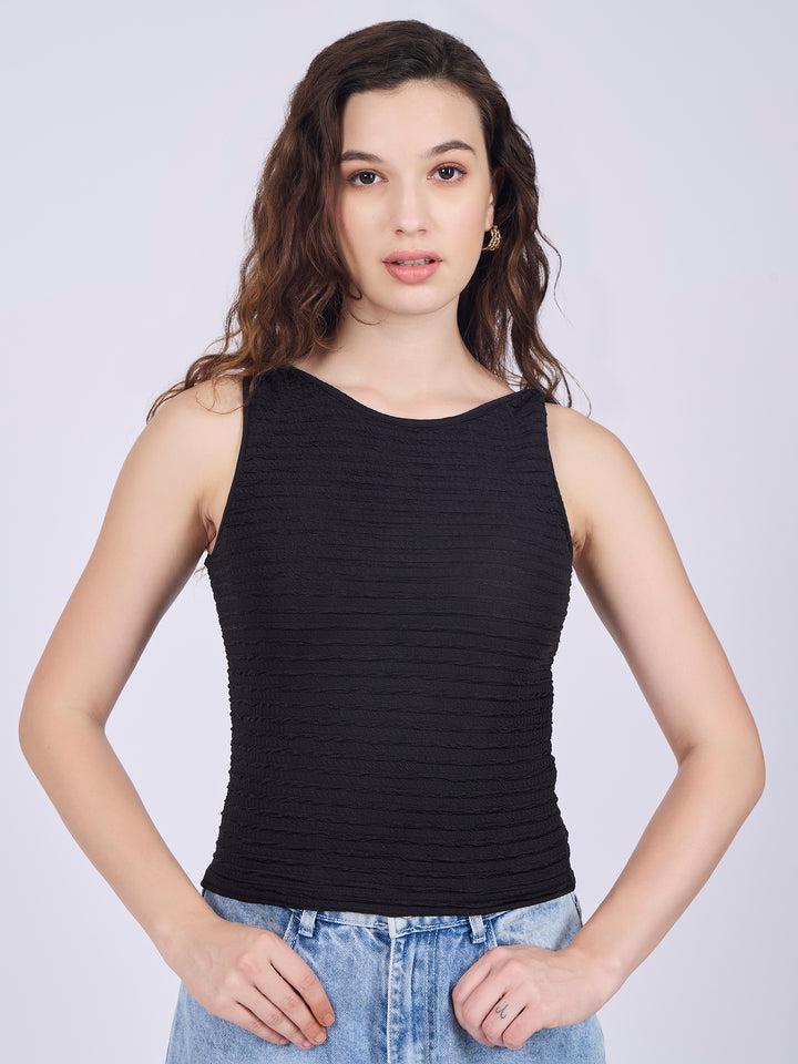 Black Textured Knit Halter Neck Tank Top