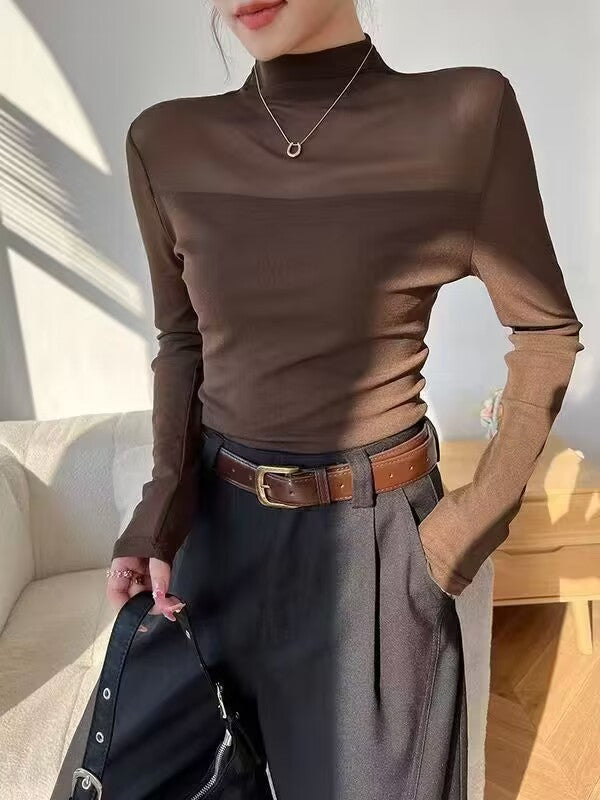 Brown High Neck Mesh Top