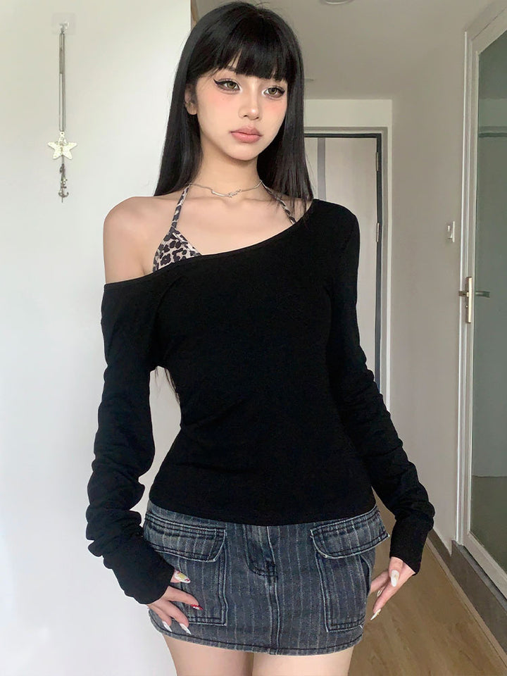Black Off Shoulder Full Sleeves Slim Top