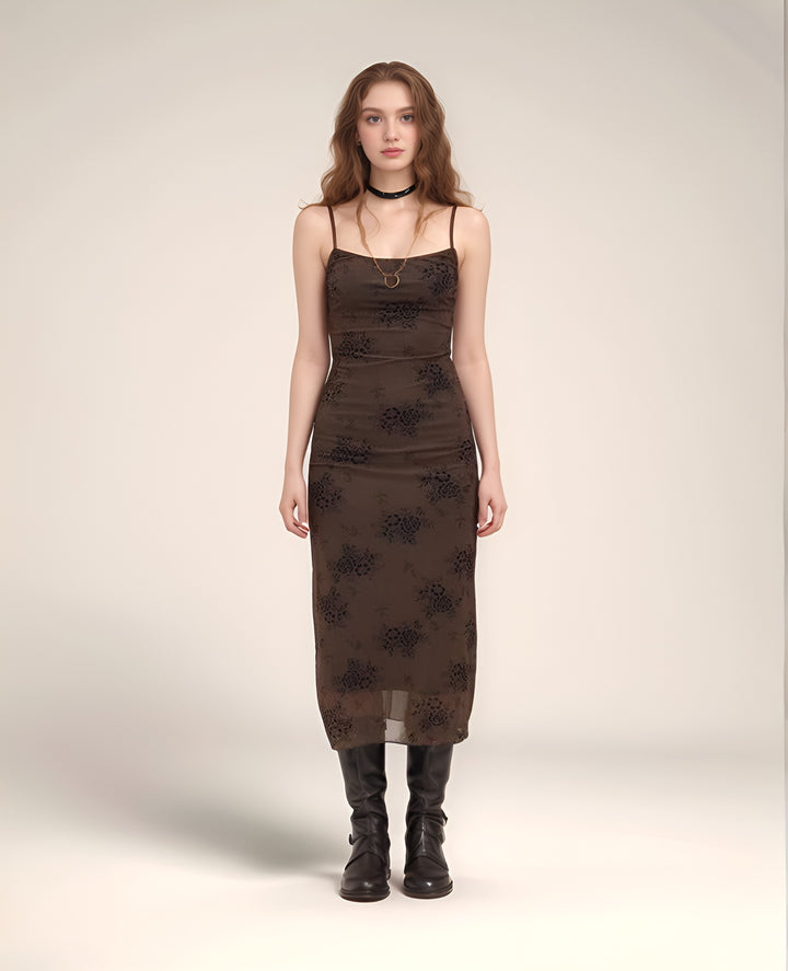 Brown-Strappy Fitted Maxi Dress