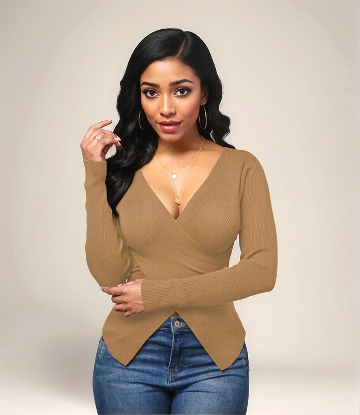Beige Asymmetric V Neck Top