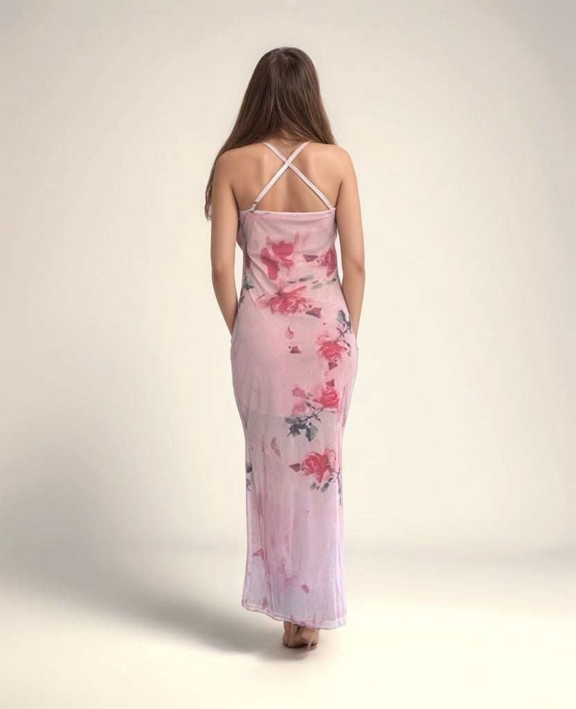 Pink Floral Bodycon Midi Dress