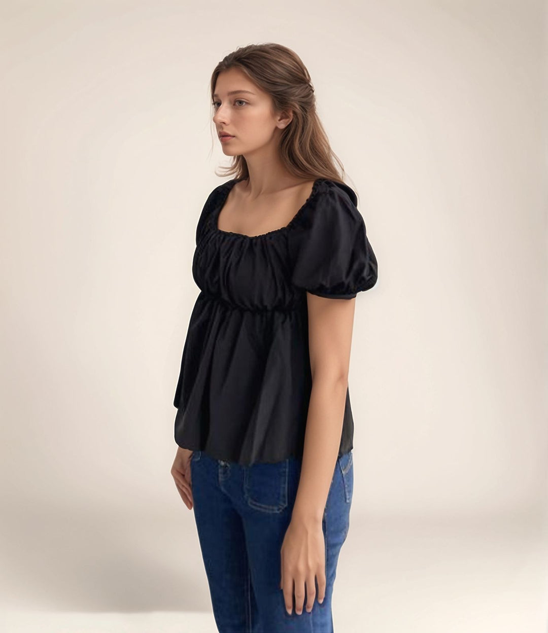 Black Puff Sleeve Peplum Top
