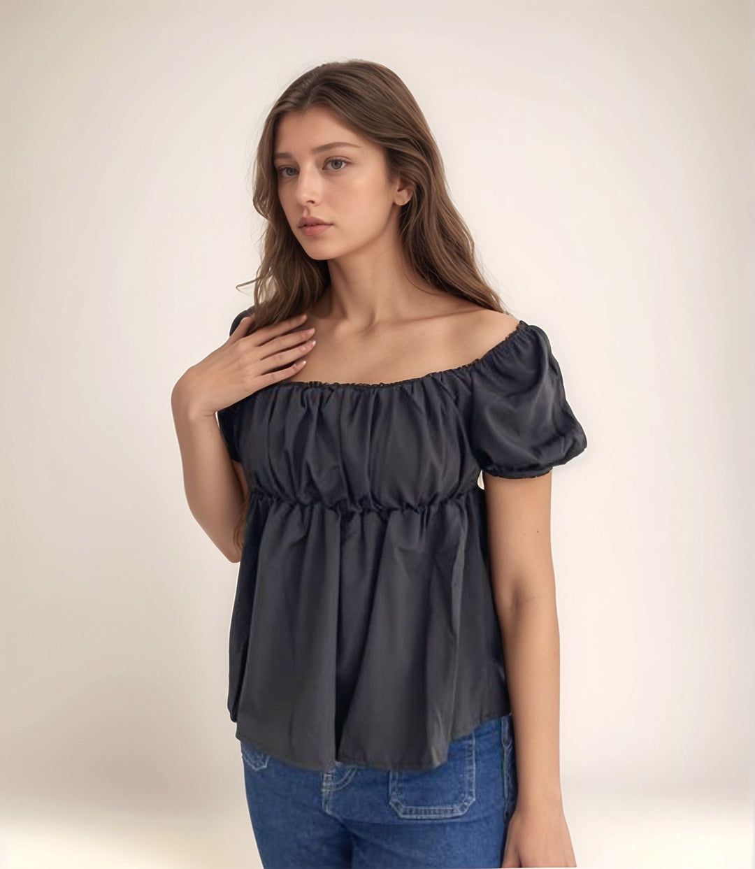 Black Puff Sleeve Peplum Top