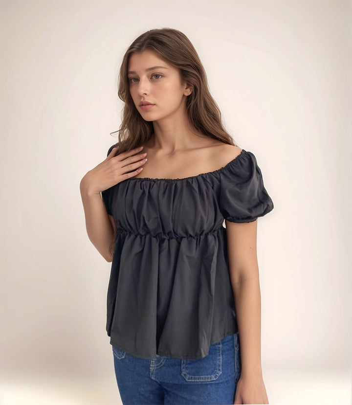 Black Puff Sleeve Peplum Top
