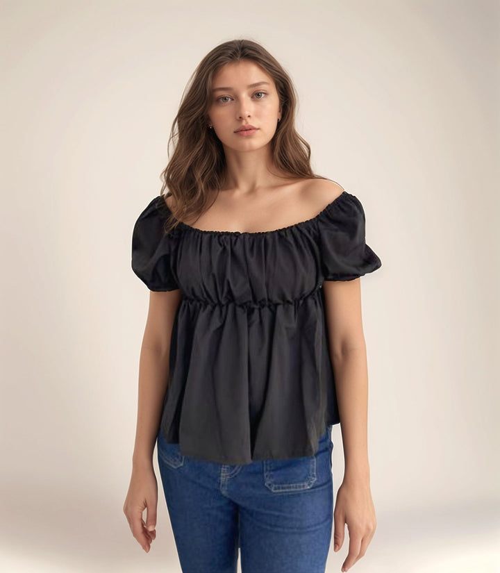 Black Puff Sleeve Peplum Top