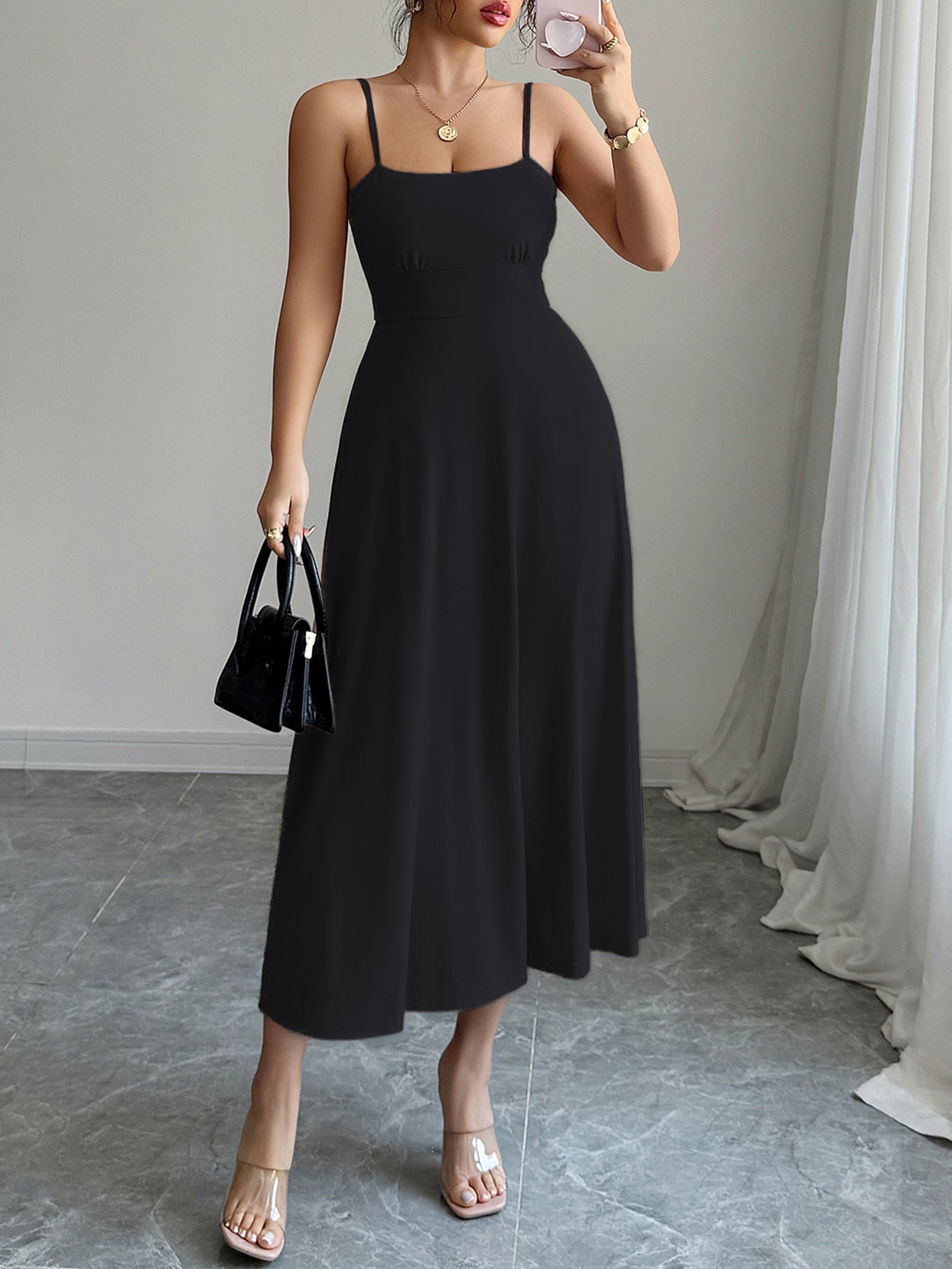 Black Strappy Solid Cinched Waist Dress