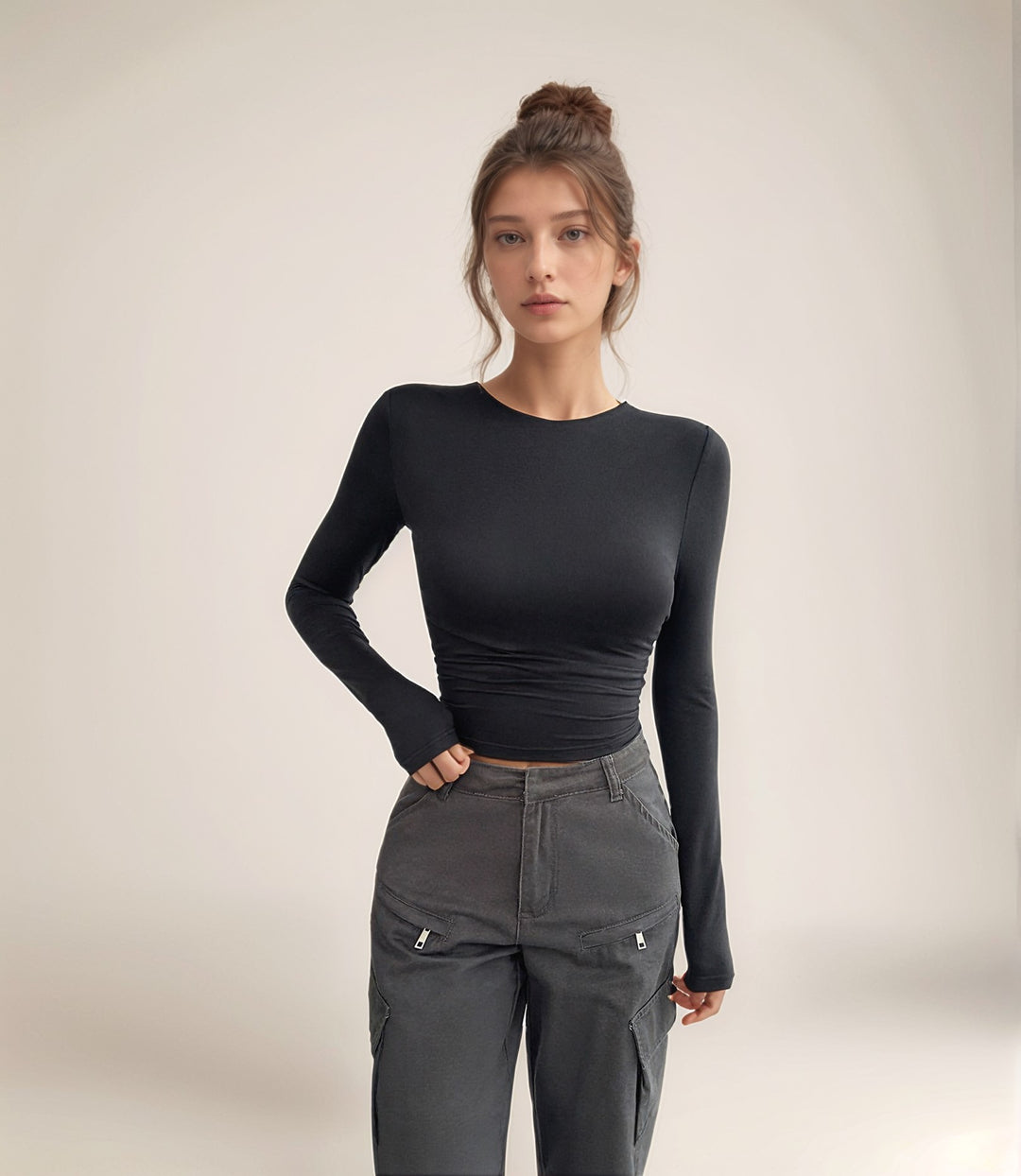 Black Cropped Fitted Full Sleeve T-Shirt