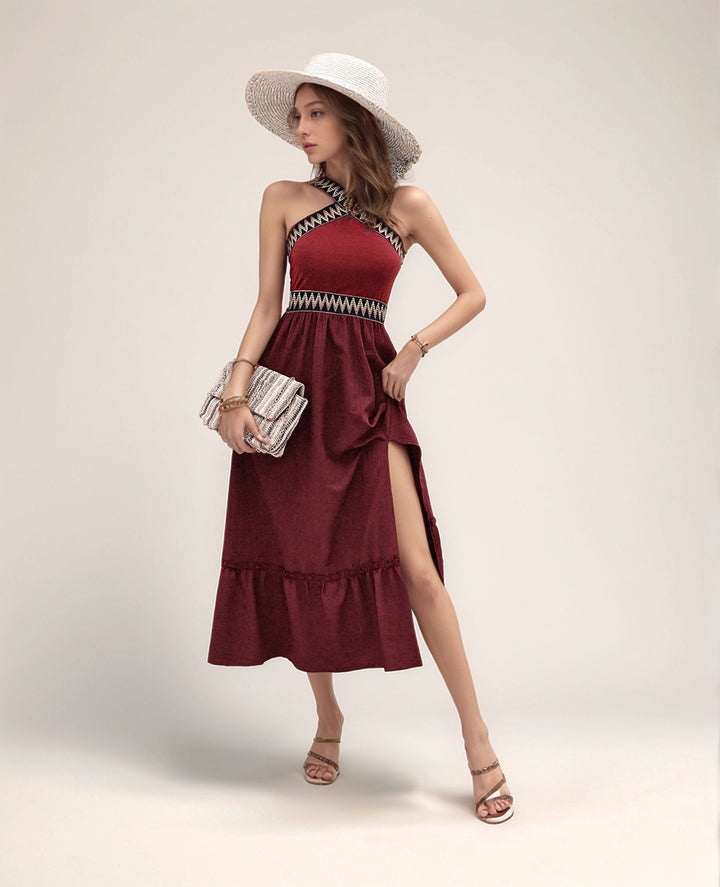 Red Halter Neck Midi Dress With Contrast Tape