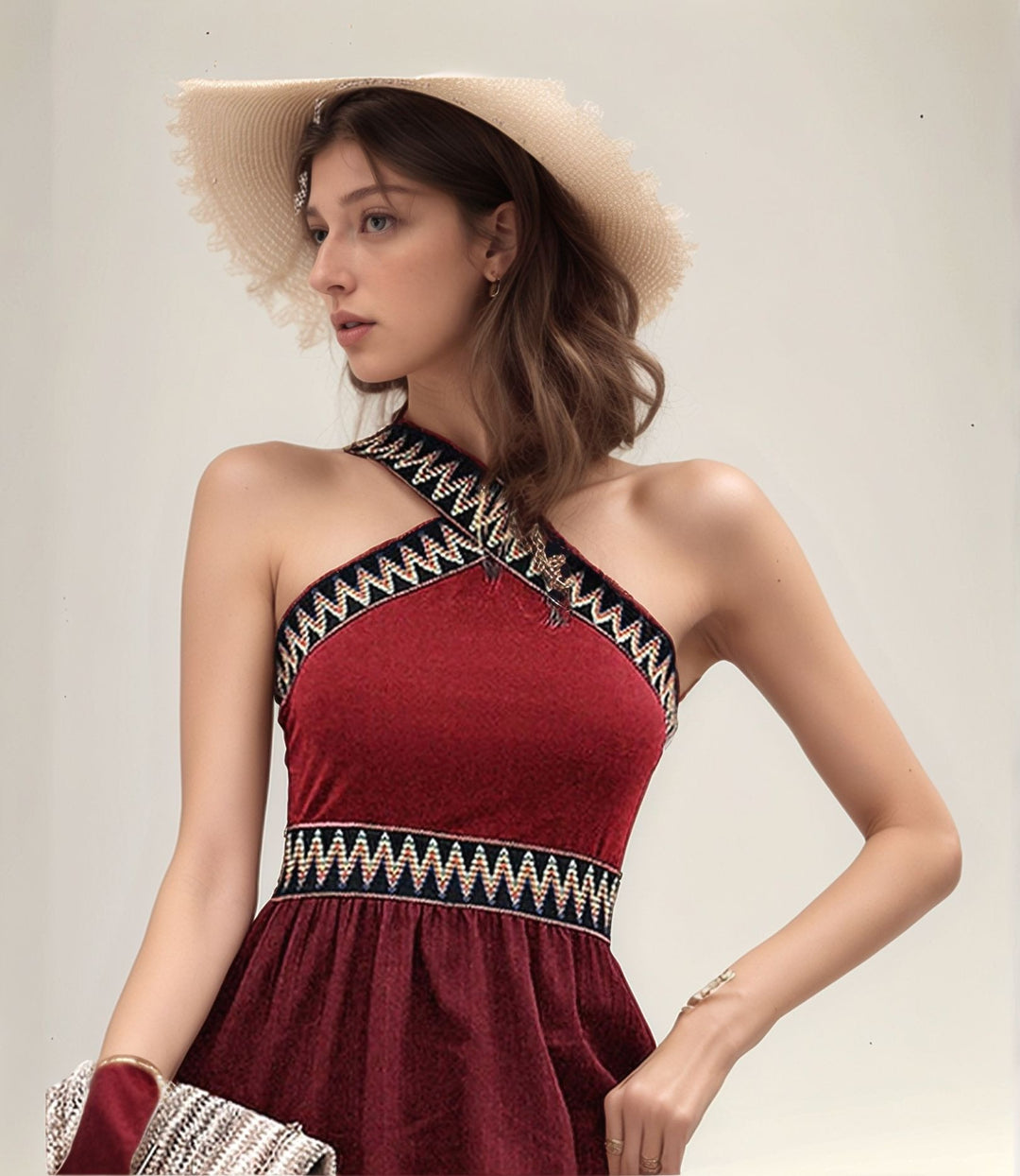 Red Halter Neck Midi Dress With Contrast Tape