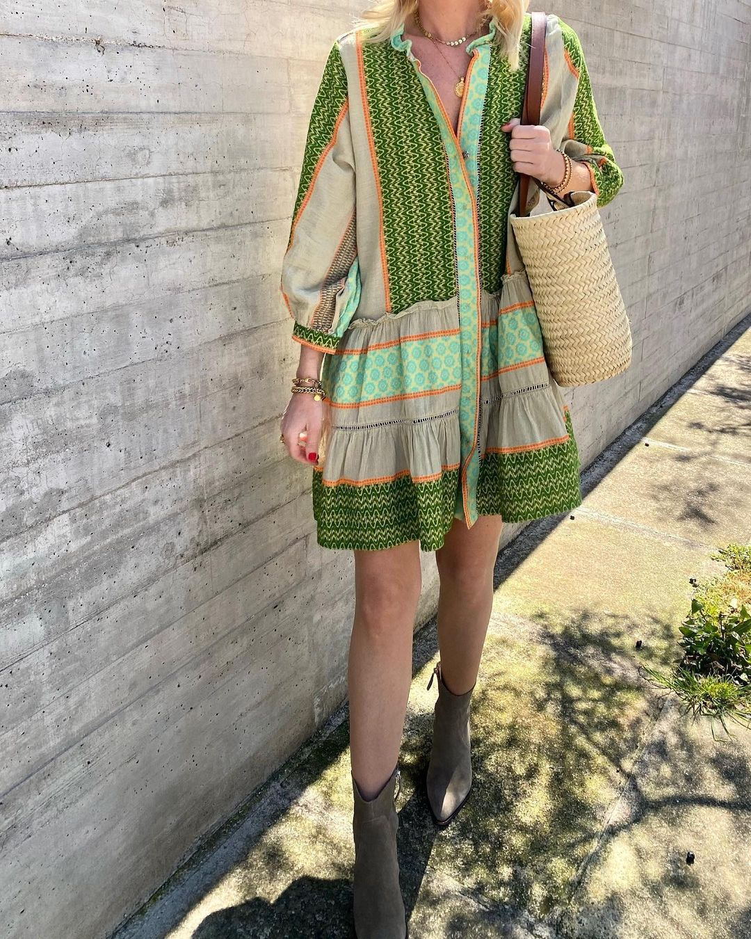 Green Abstract Print Front Buttoned Dress