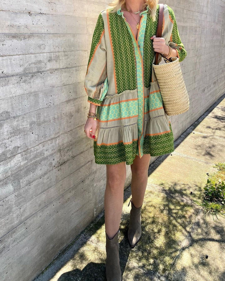 Green Abstract Print Front Buttoned Dress