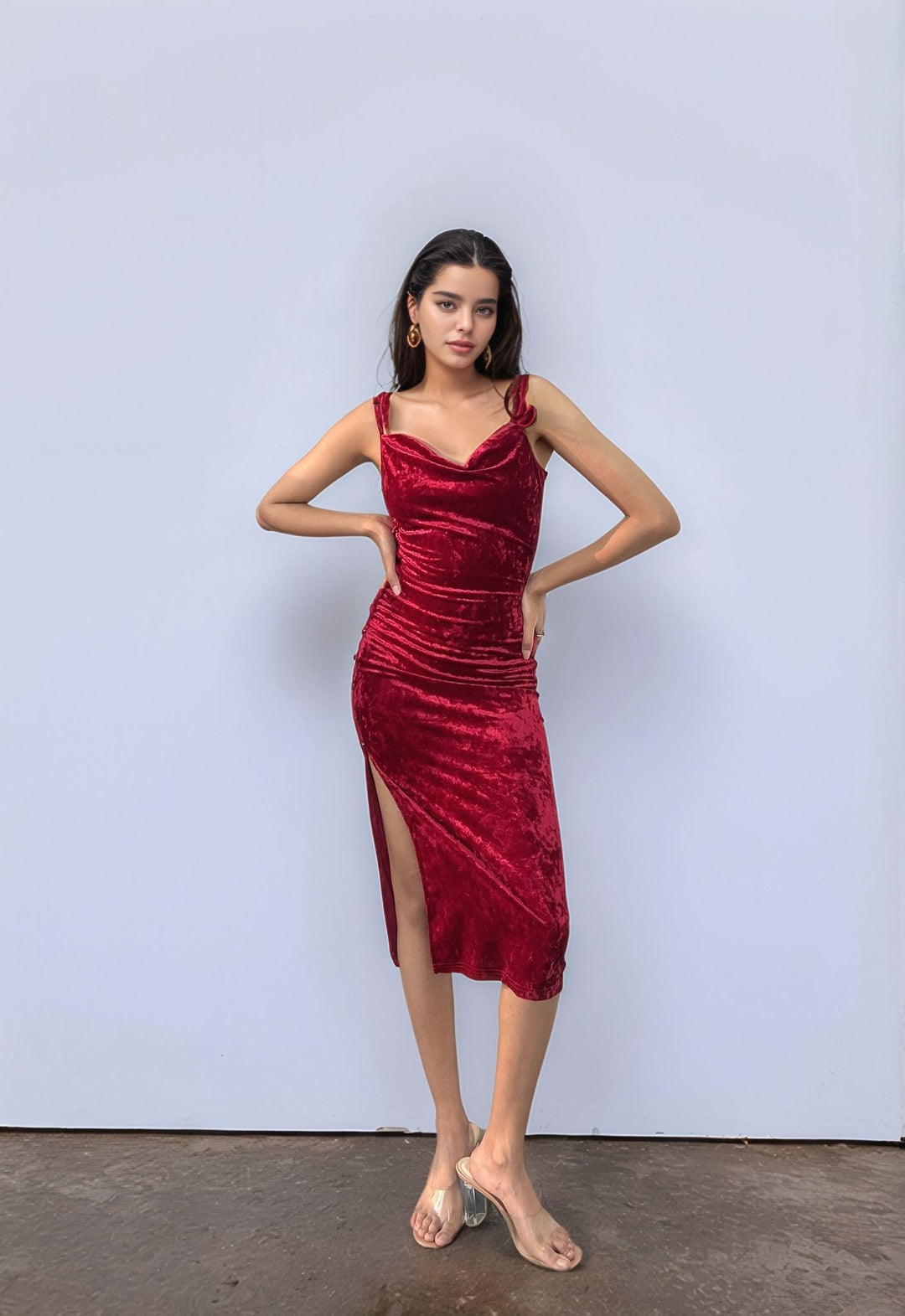 Wine Velour Side Slit Cowl Dress