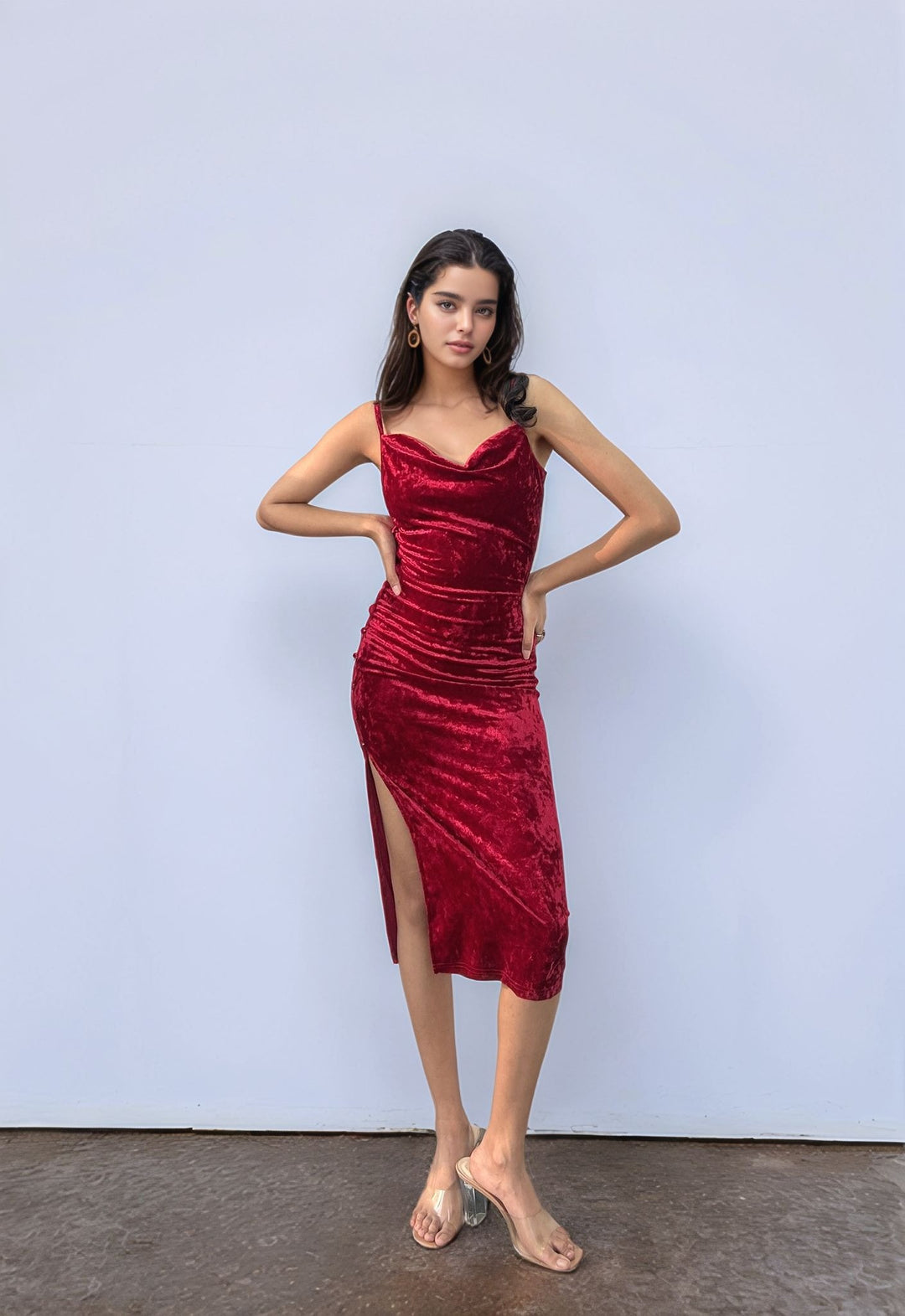 Wine Velour Side Slit Cowl Dress