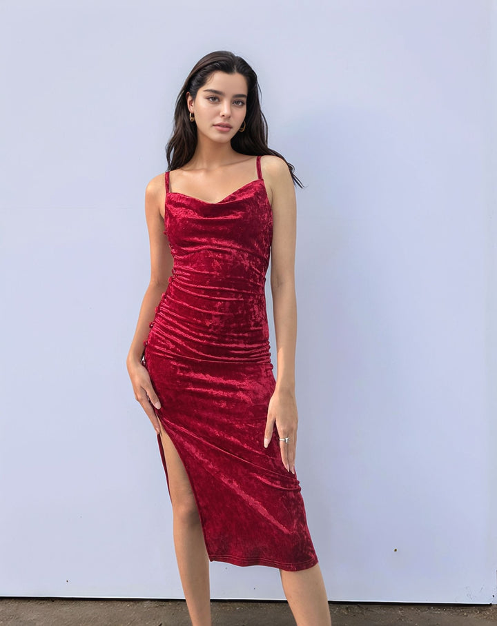 Wine Velour Side Slit Cowl Dress
