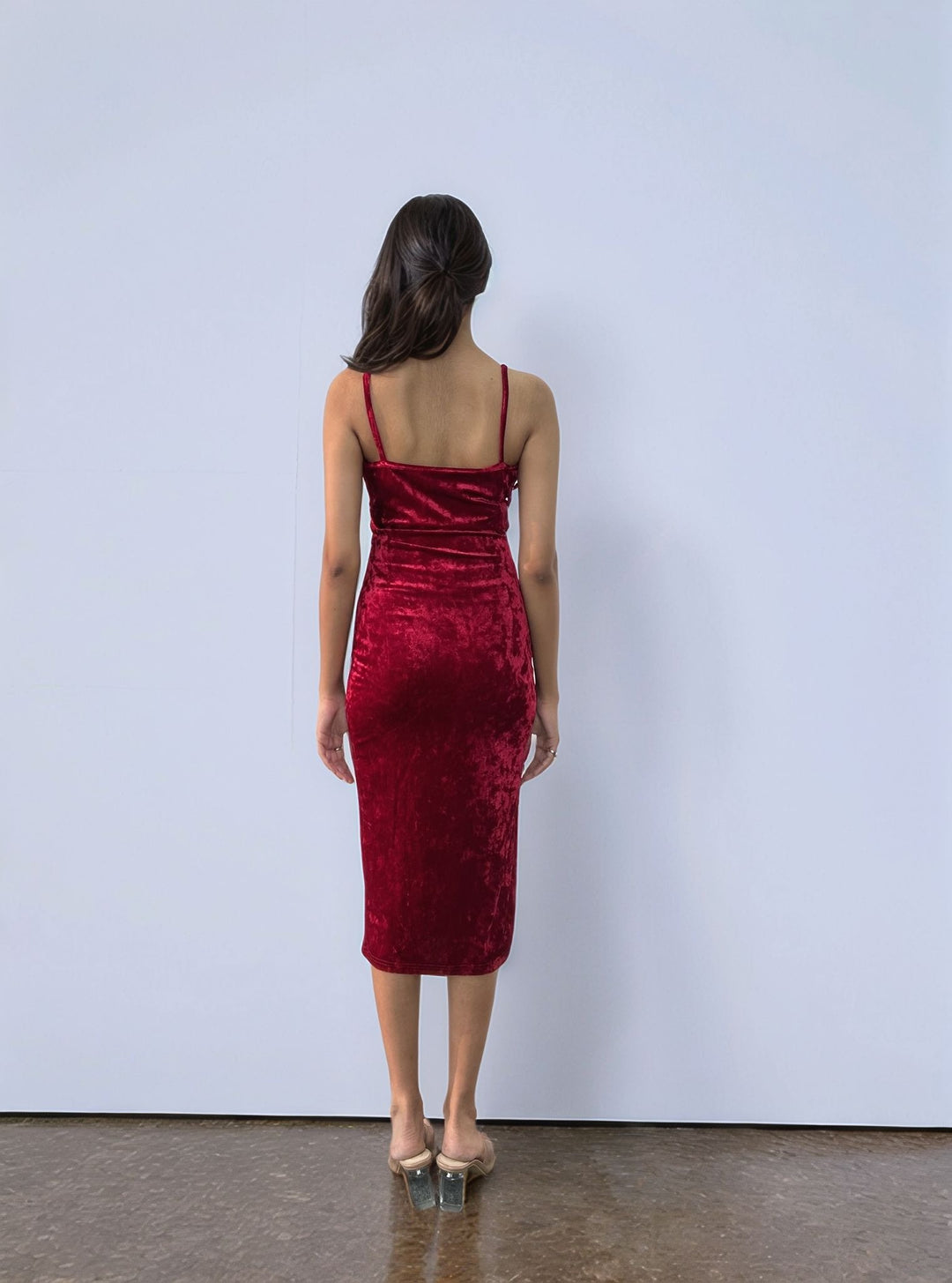 Wine Velour Side Slit Cowl Dress