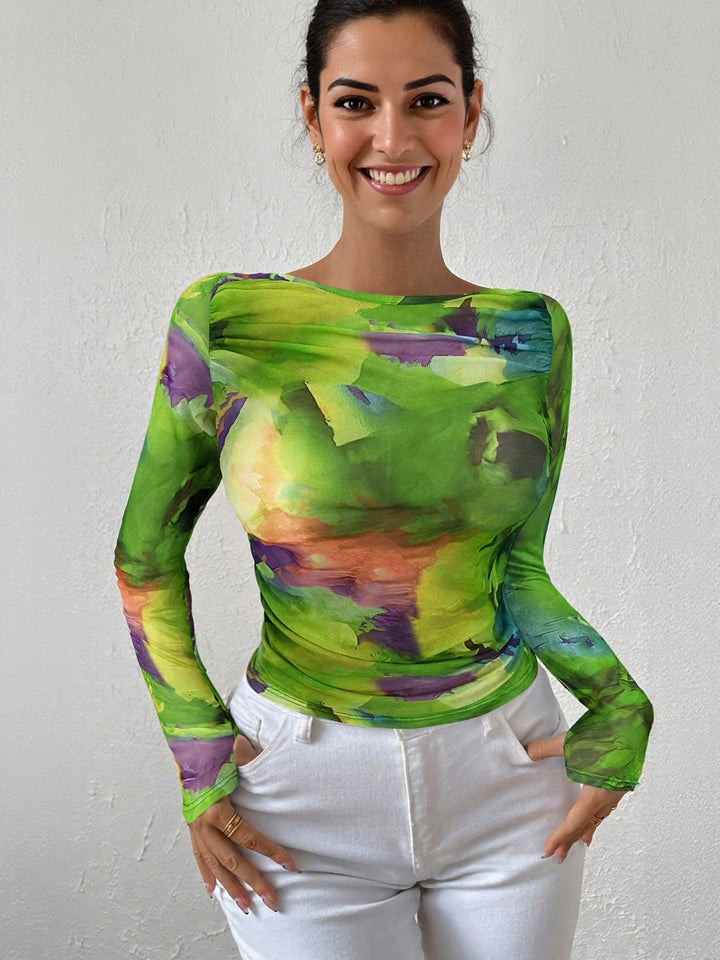 Green Abstract Print Fitted Top