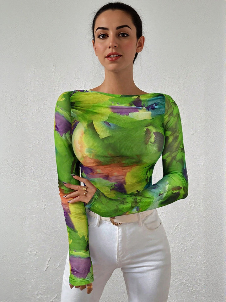 Green Abstract Print Fitted Top