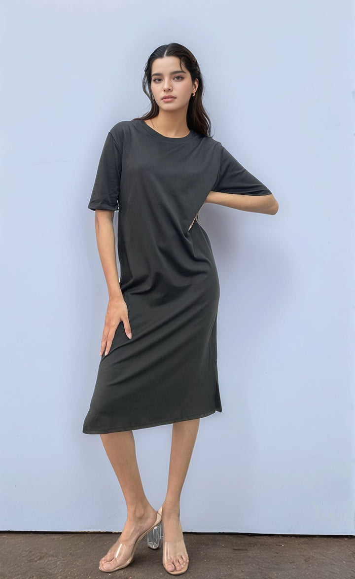 Solid Black Short Sleeve Tee Dress