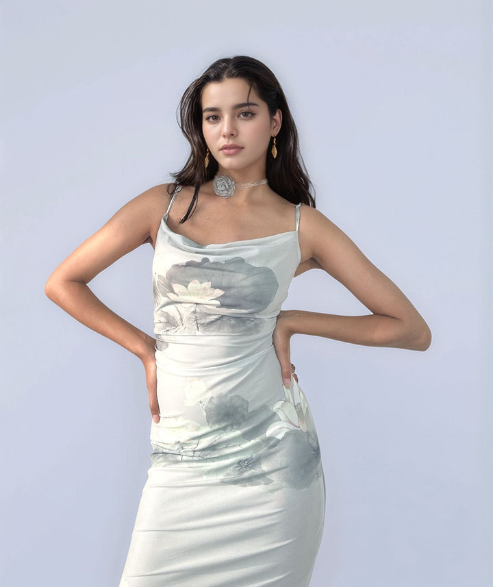 Sea Green Floral Cowl Dress