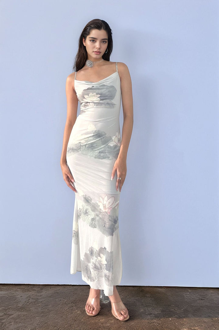 Sea Green Floral Cowl Dress