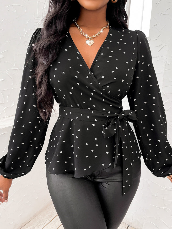 Black Puff Sleeve V Neck Belted Top