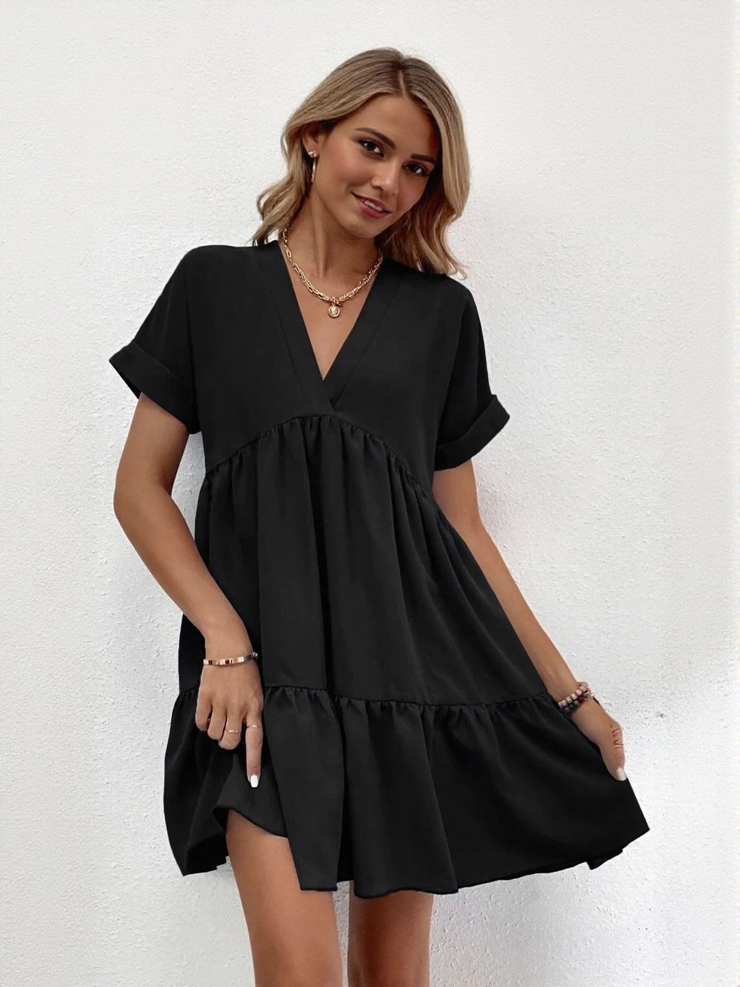 Black V Neck Aline Tiered Dress