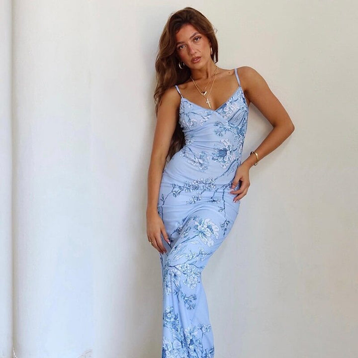 Blue  Floral Print Slip Dress