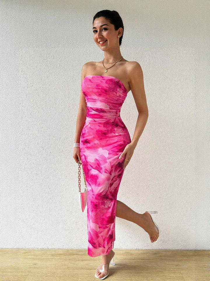 Pink Digital Print Mesh Tube Dress