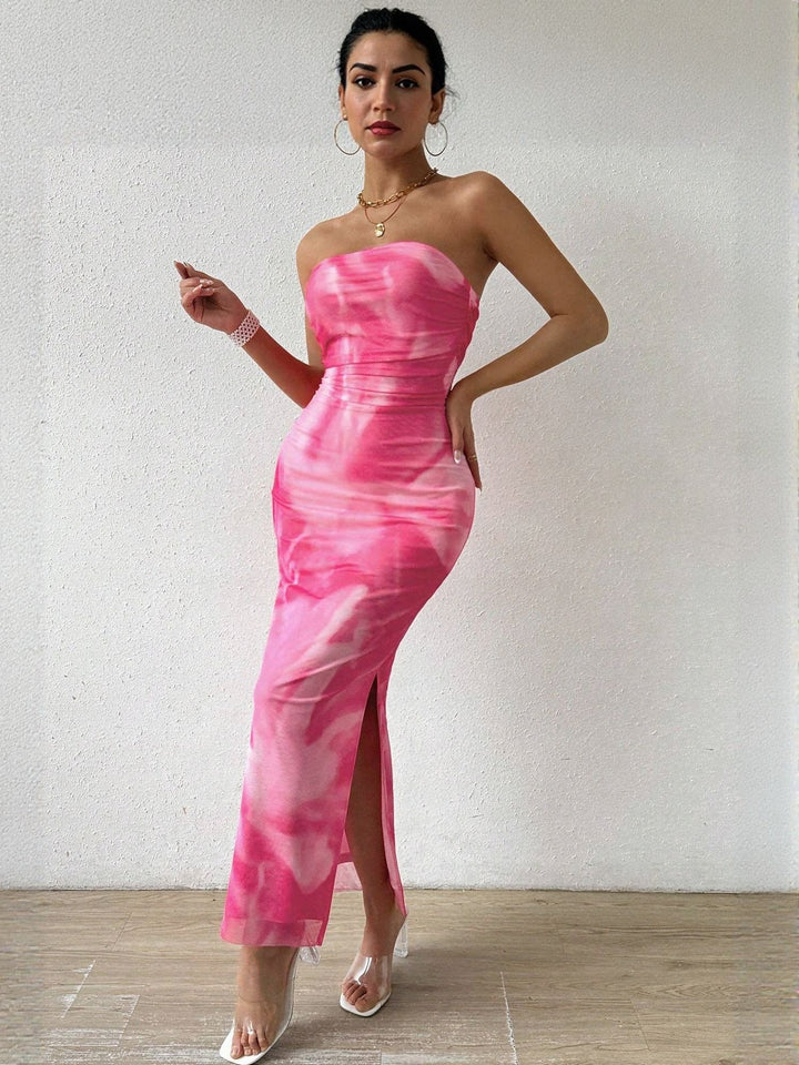 Pink Digital Print Mesh Tube Dress