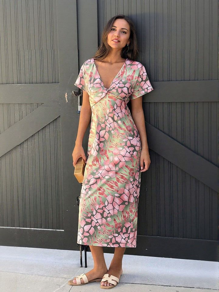 Pink V Neck All Over Print With Back Slit