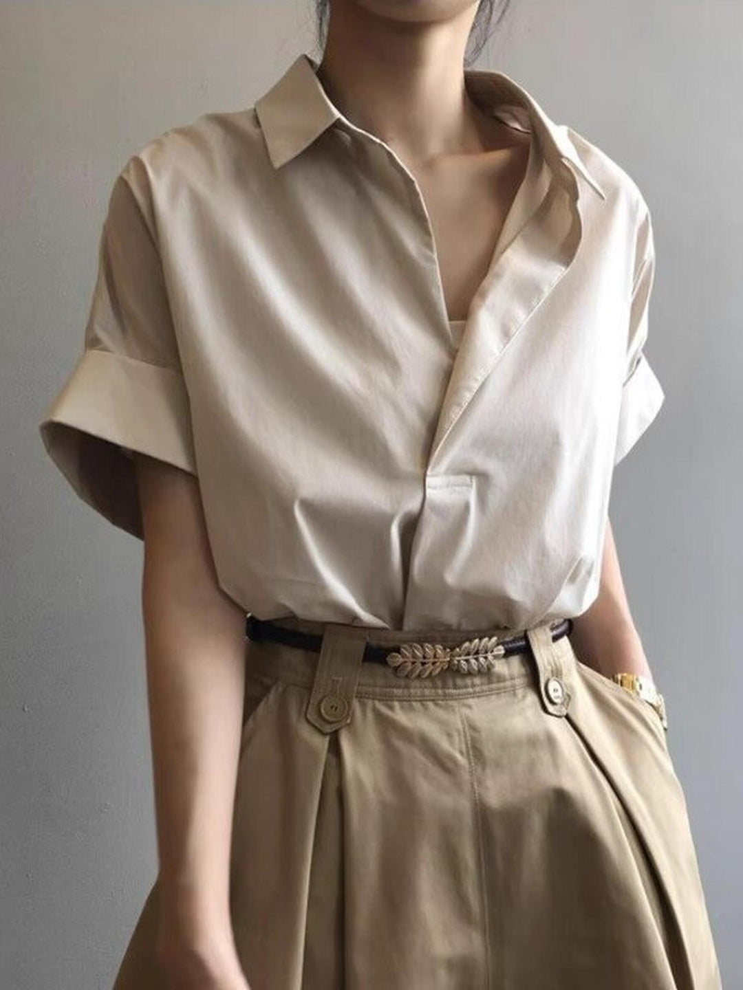 Beige Boxy Shirt With Rolled Short Sleeves