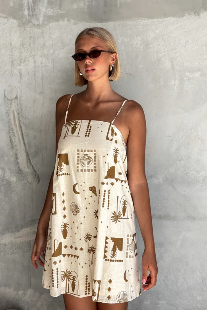 Brown Shoulder Strap Abstract Printed Dress