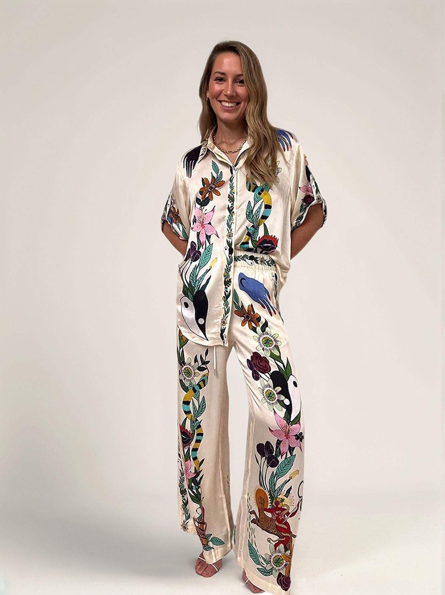 White Abstract Print Shirt And Trouser Co-Ord Set