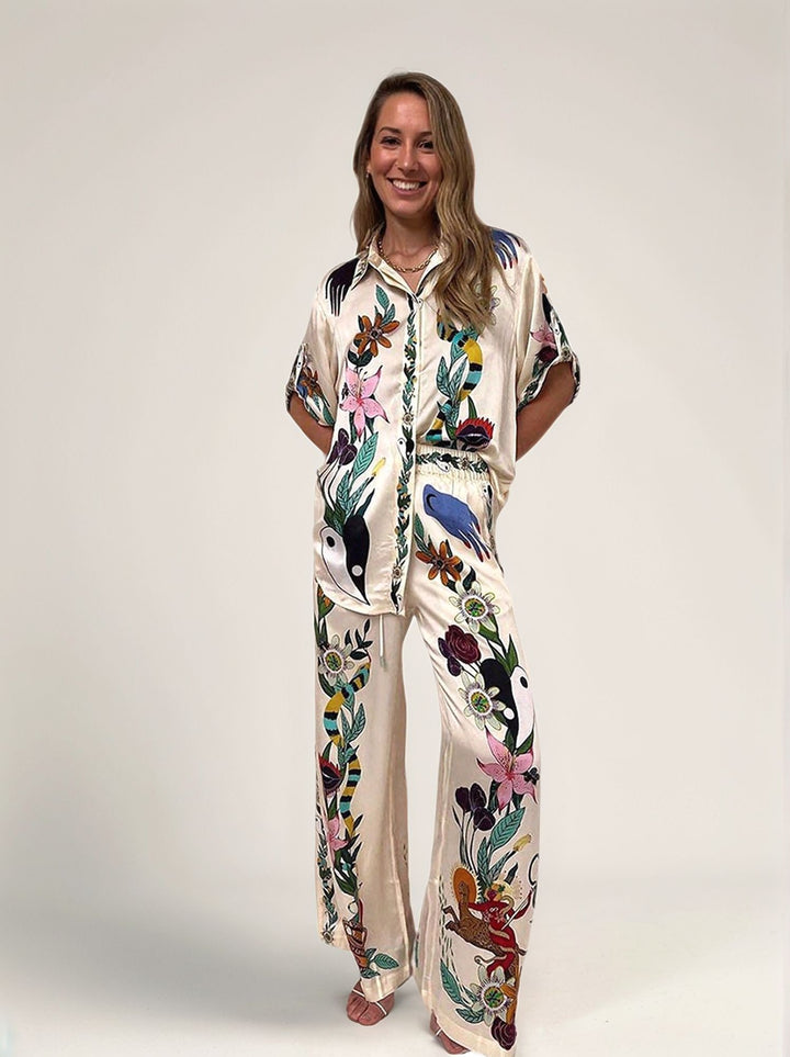 White Abstract Print Shirt And Trouser Co-Ord Set