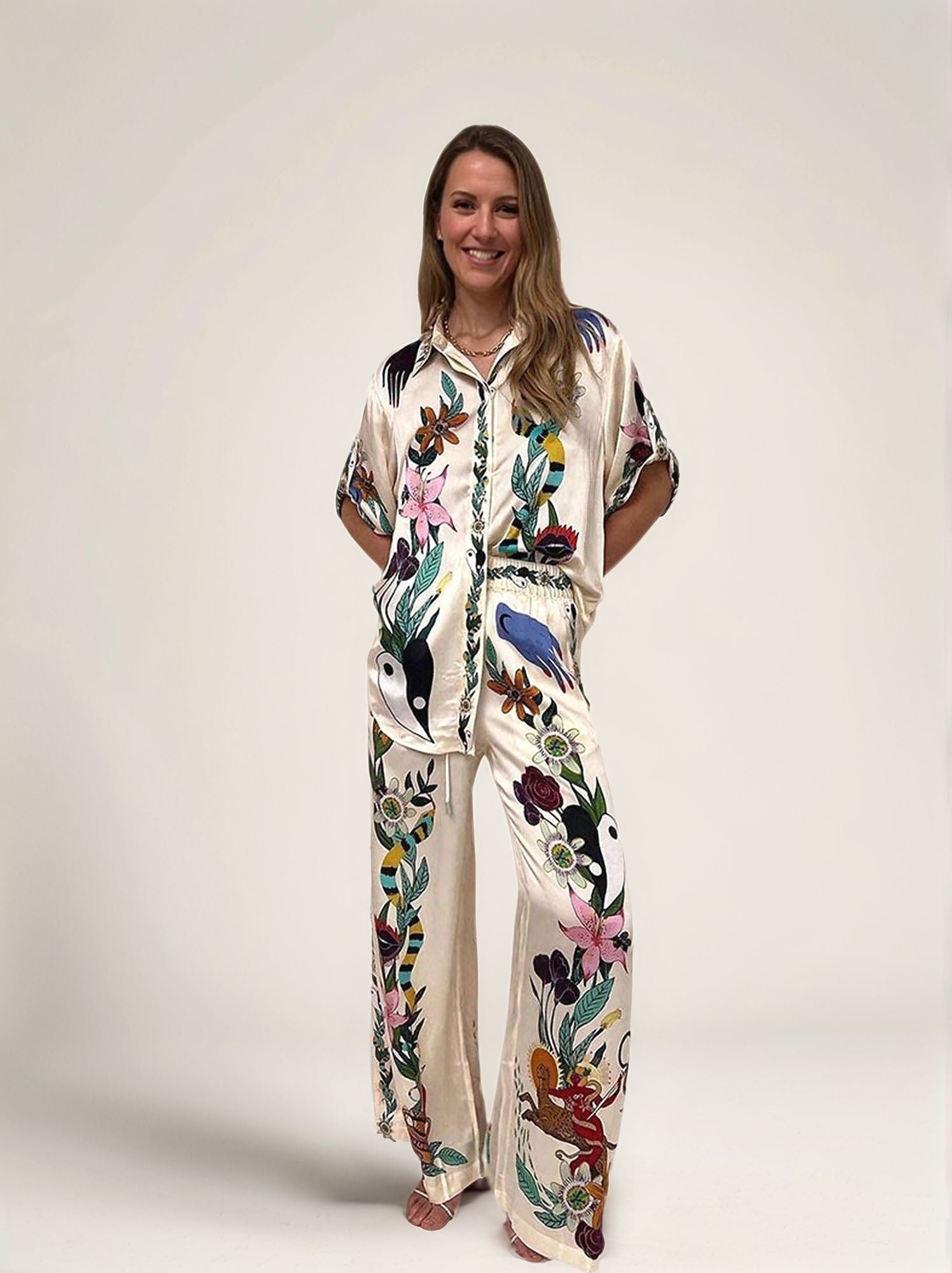 Off White Abstract Print Shirt And Trouser Co-Ord Set