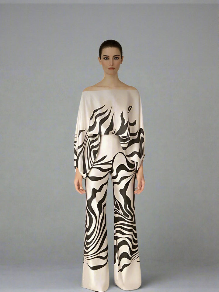 White Off Shoulder Printed Top Straight Fit Pant Co-Ord Set