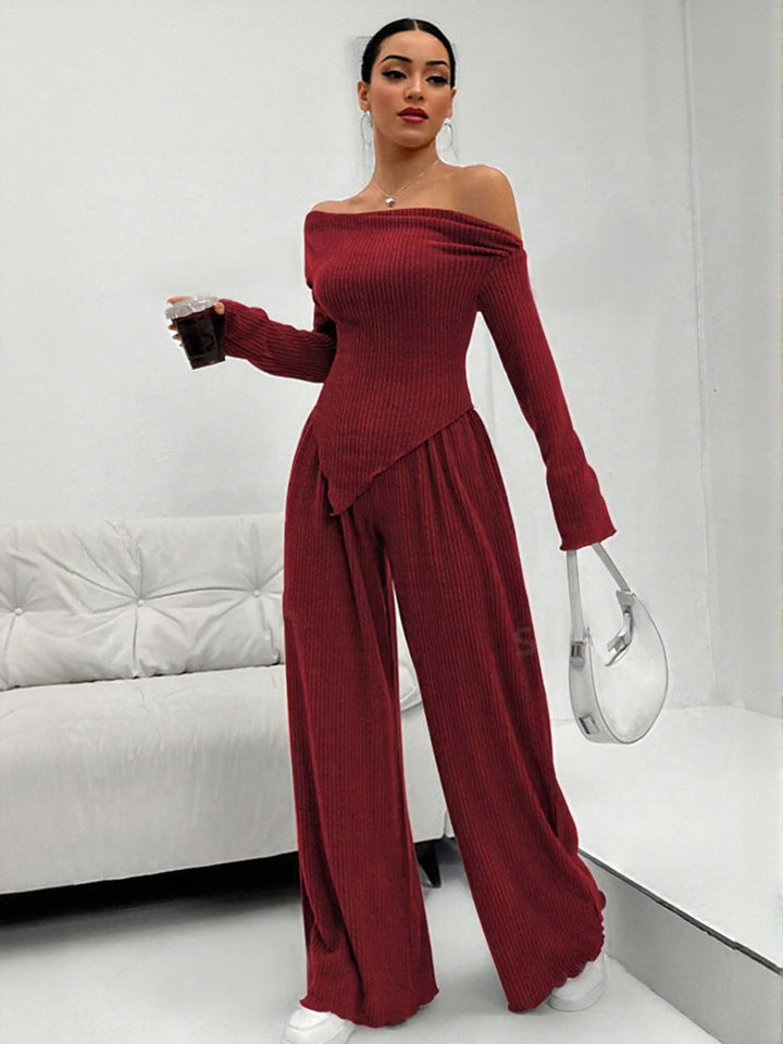 Wine Bardot Top With Flared Pant Coord Set