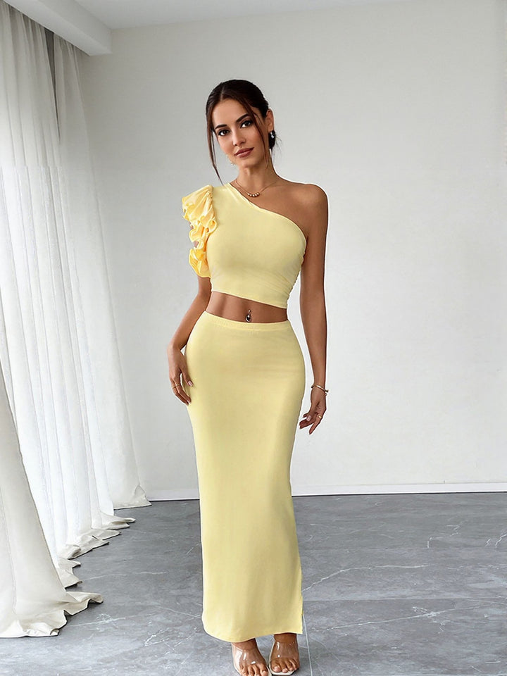 Yellow Corsage Detail One Shoulder Top With Fitted Skirt Coord Set