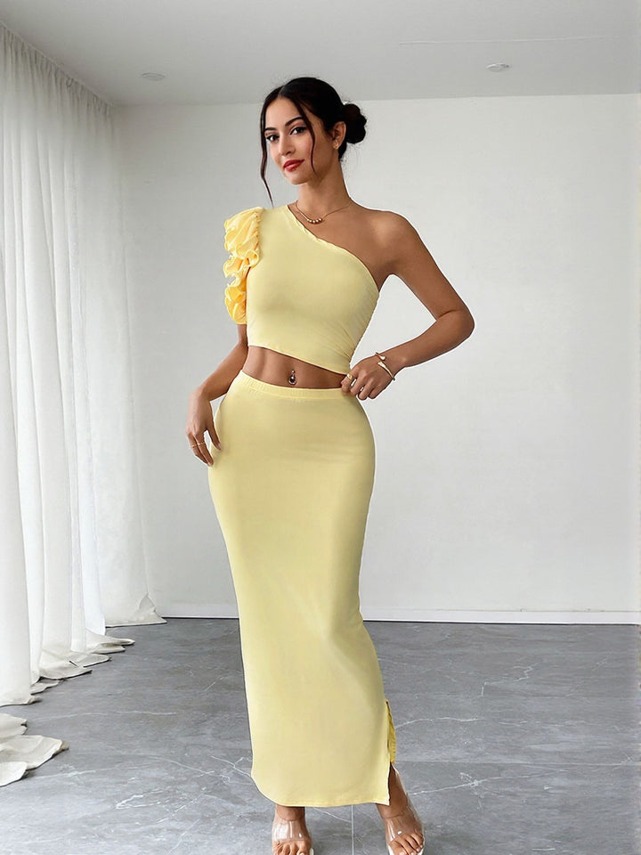 Yellow Corsage Detail One Shoulder Top With Fitted Skirt Coord Set